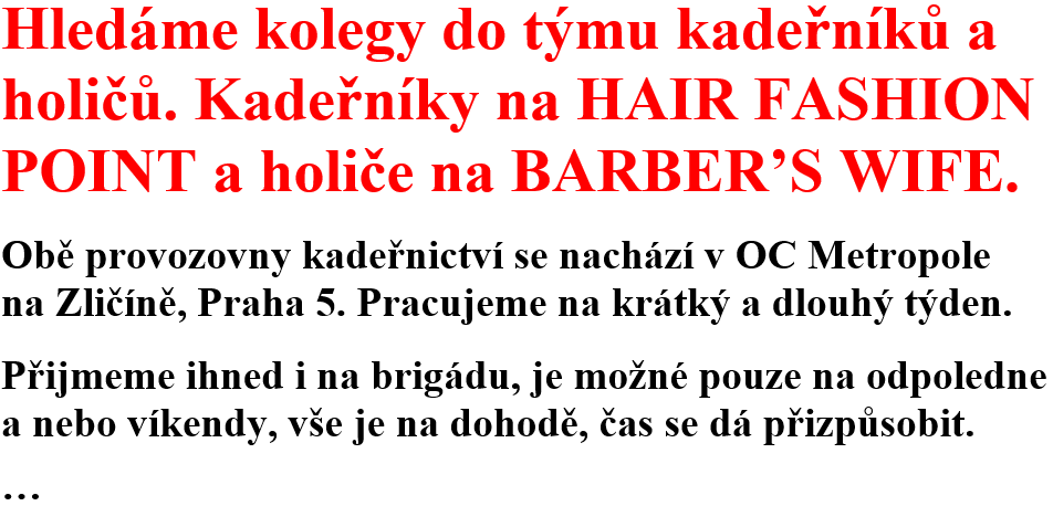 Nabídka zaměstnání pro kadeřníky na HAIR FASHION POINT a holiče na BARBER’S WIFE
